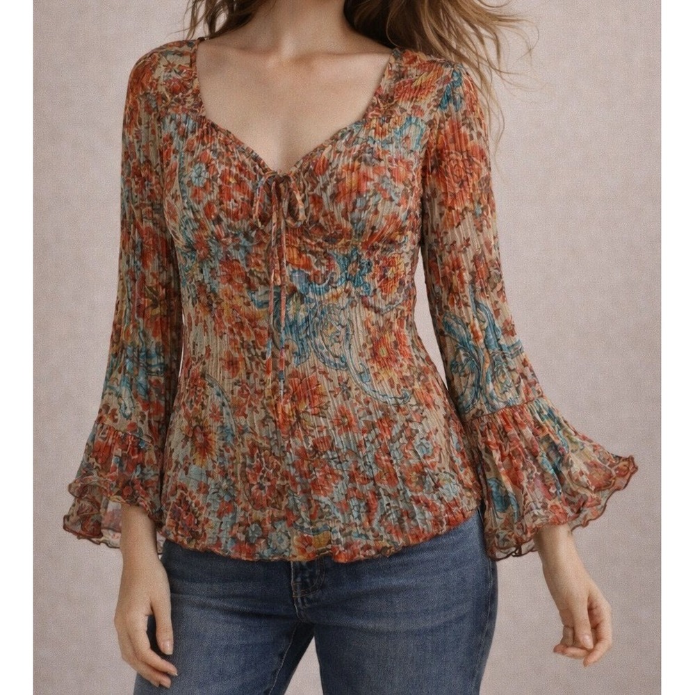 Boho‎ Sheer Peasant Top Large Tie Front Bow Bell Sleeve Milkmaid Cottagecore